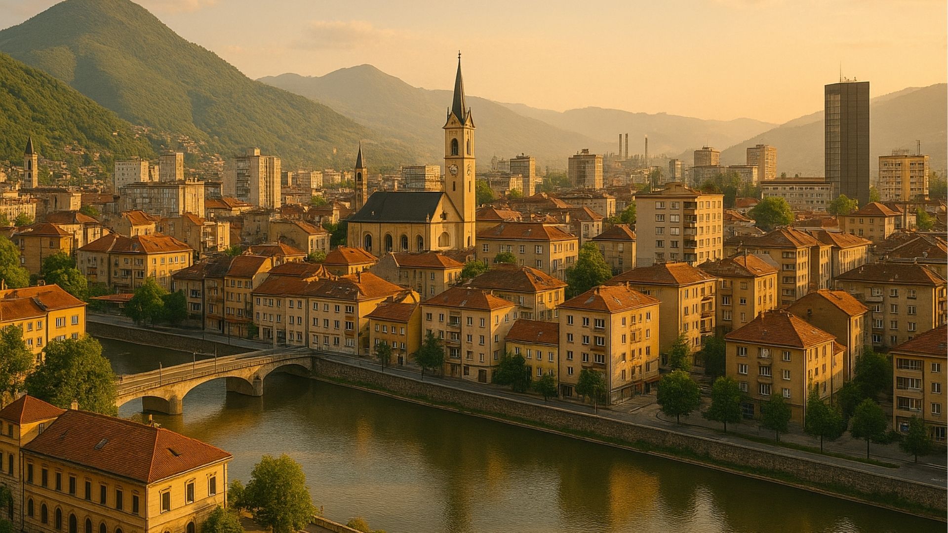 Zenica cityscape with river and mountains at sunset