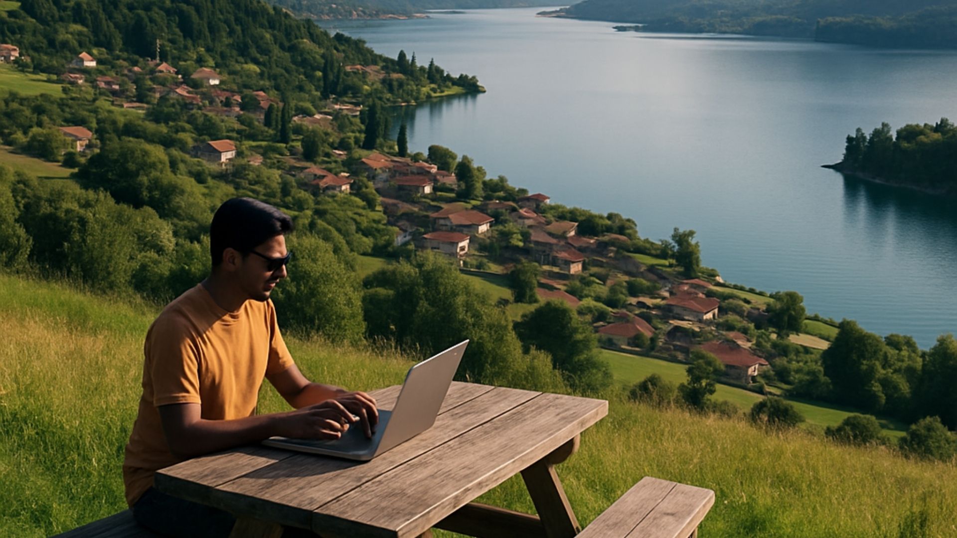 Traveler working remotely in a natural landscape with lakeside and mountain views