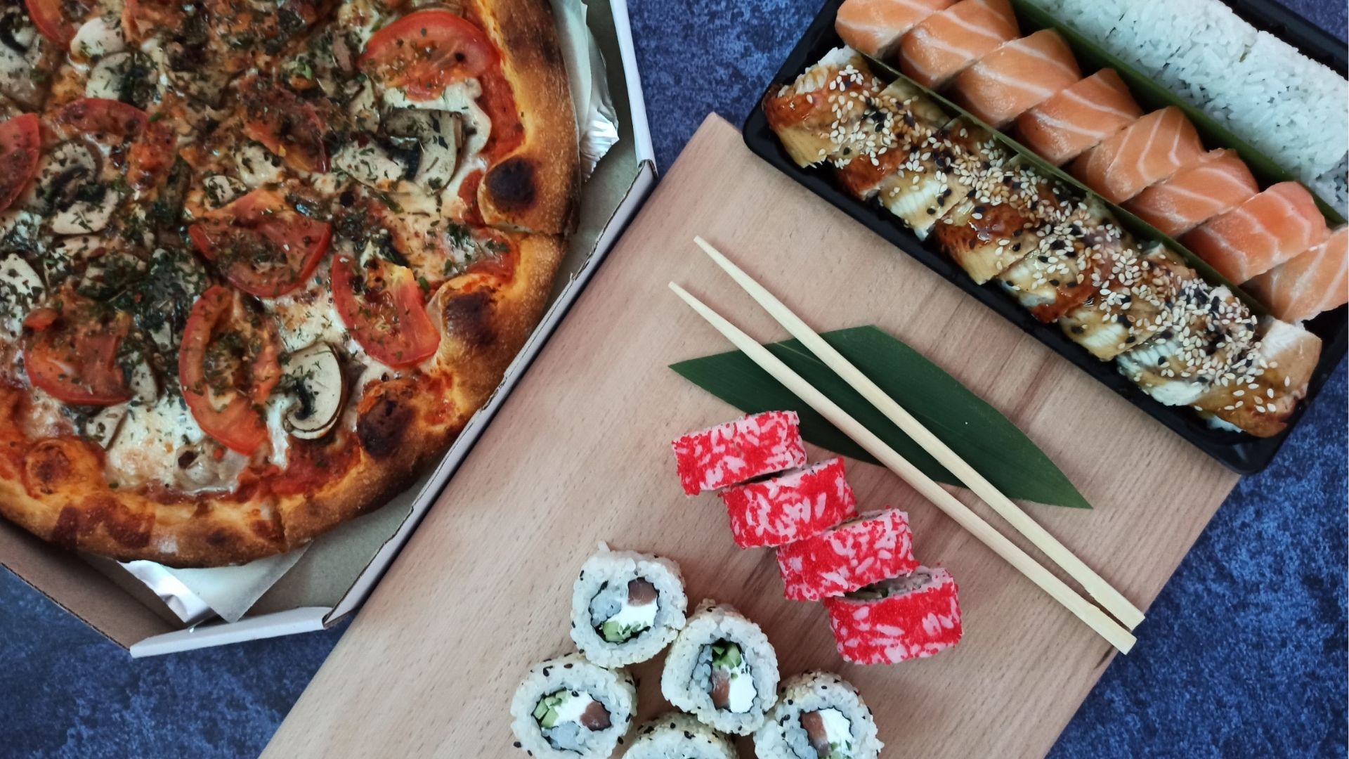 Pizza and sushi meal in Paris symbolizing tourist food mistake