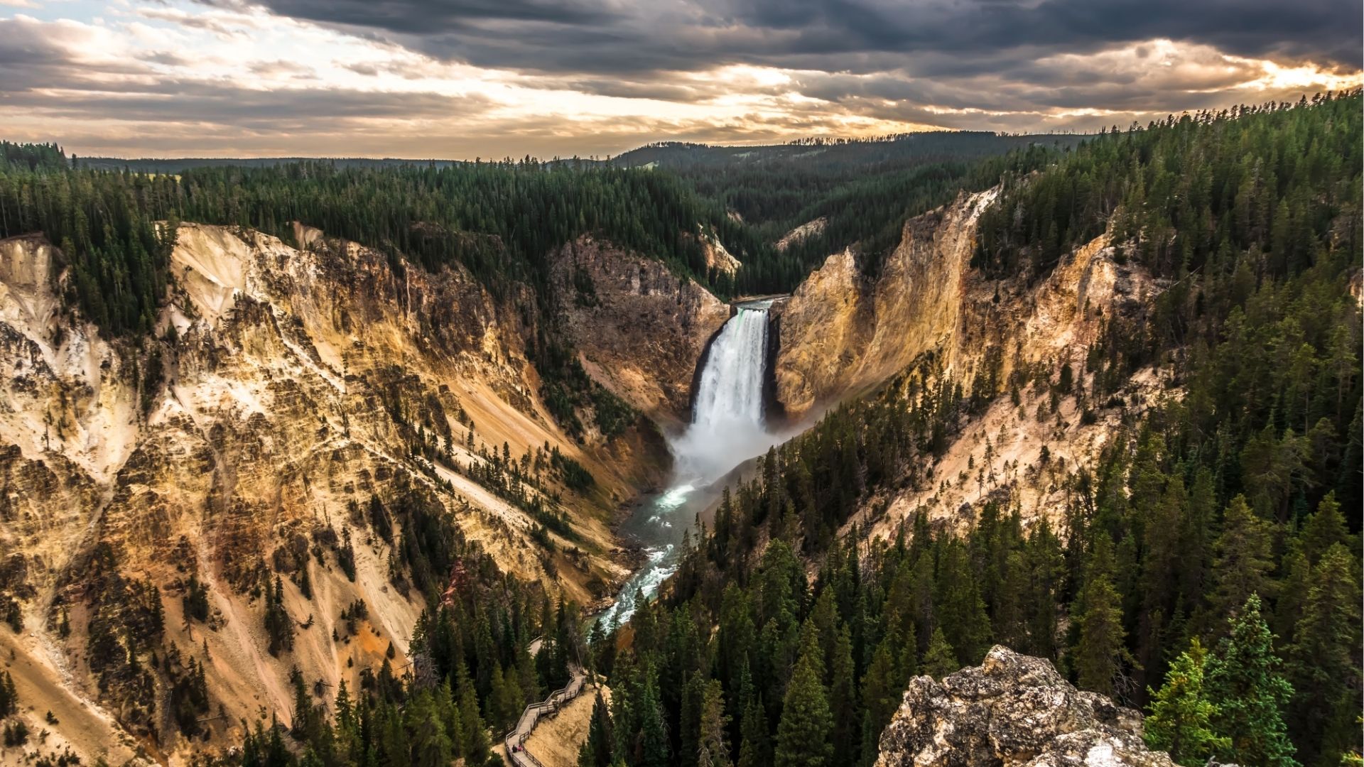 Yellowstone Falls in Yellowstone National Park on a sunny afternoon
