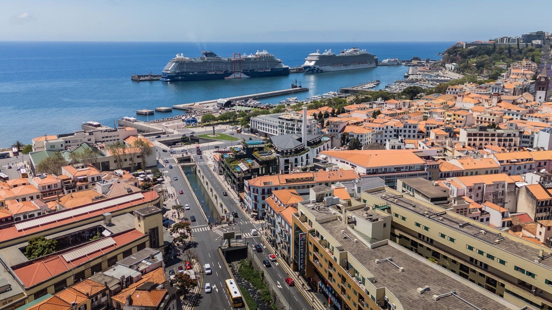 Aerial view of Funchal Madeira with cruise ships in port