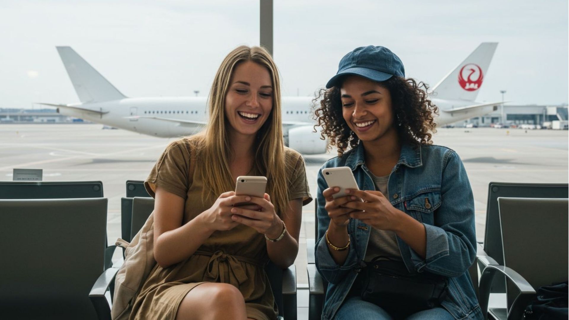 Travelers using smartphones while waiting at an airport gate