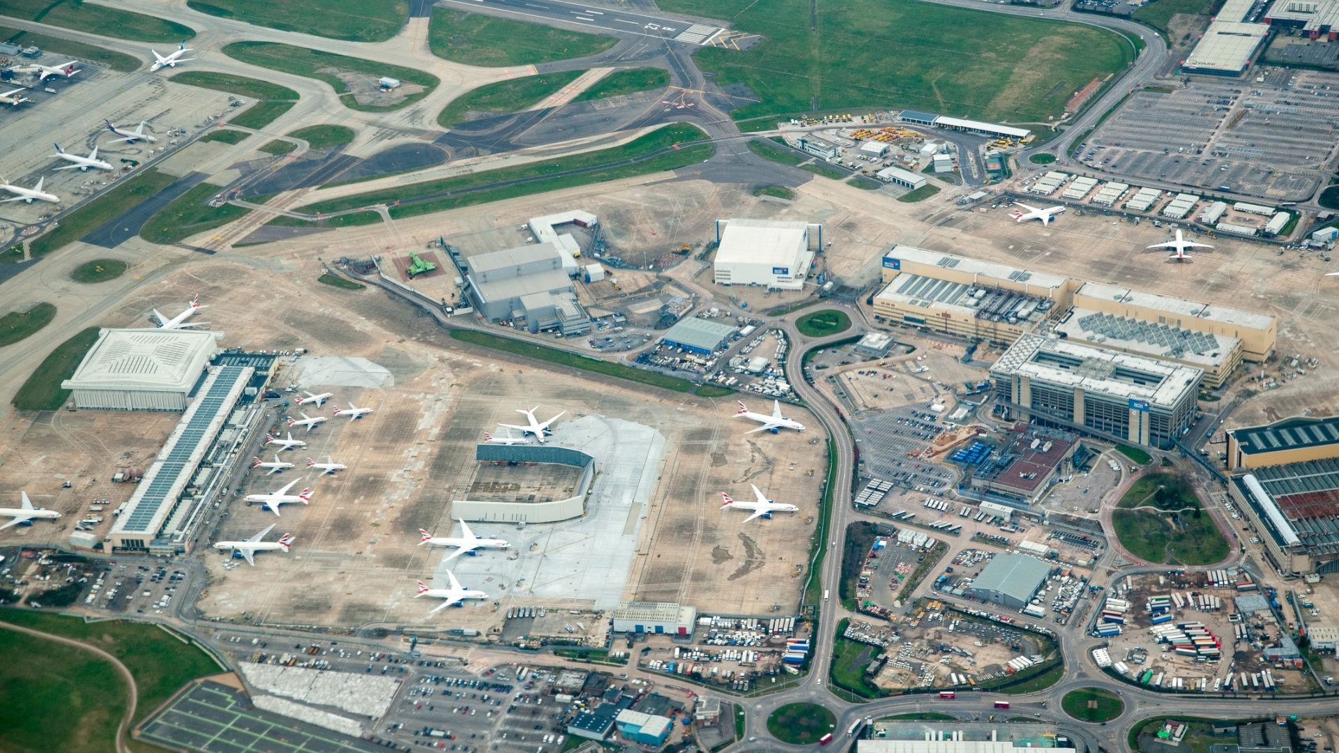 Overhead view of aircraft and facilities at Heathrow Airport