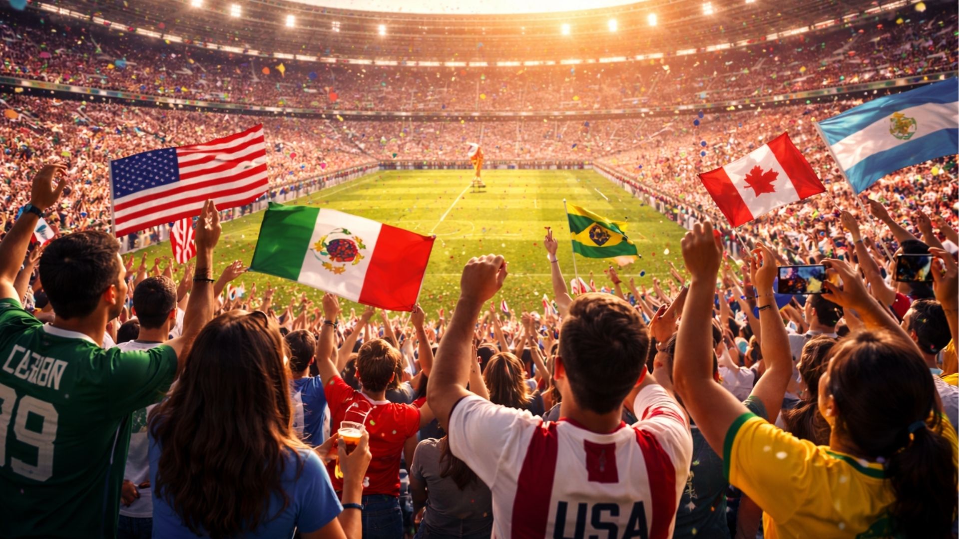 Packed stadium filled with cheering fans during World Cup game