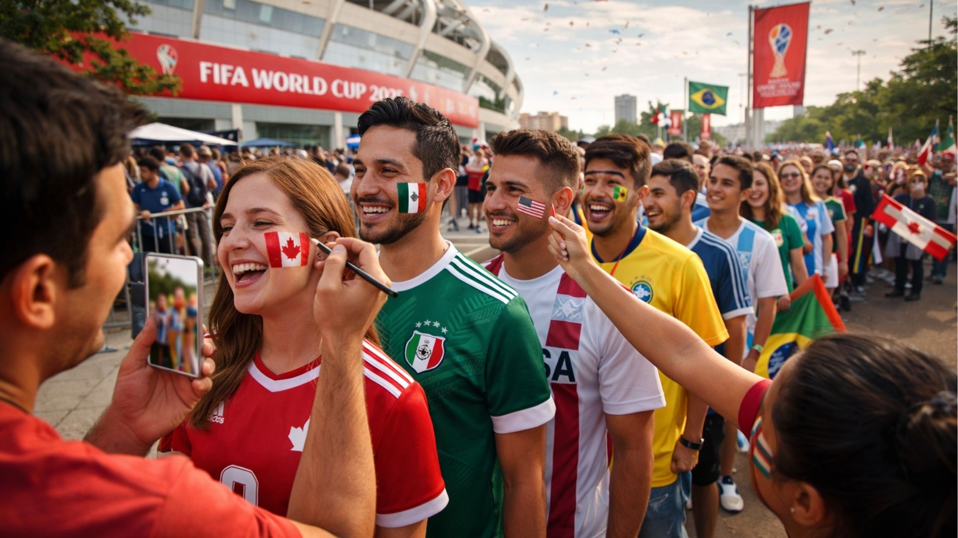 Fans outside the stadium are getting ready for the World Cup match