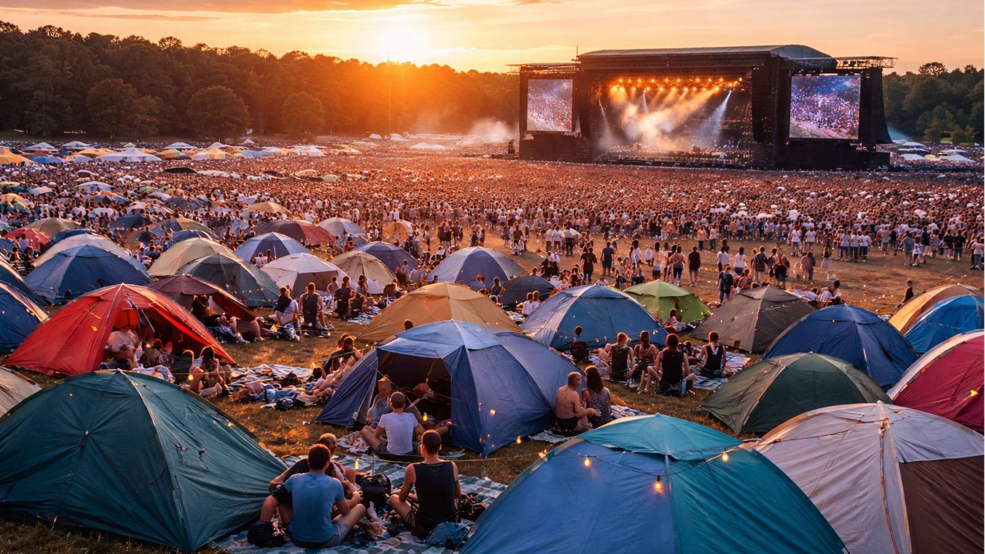 Wide sunset view of a large music festival campsite with colorful tents and a crowded concert stage in the distance