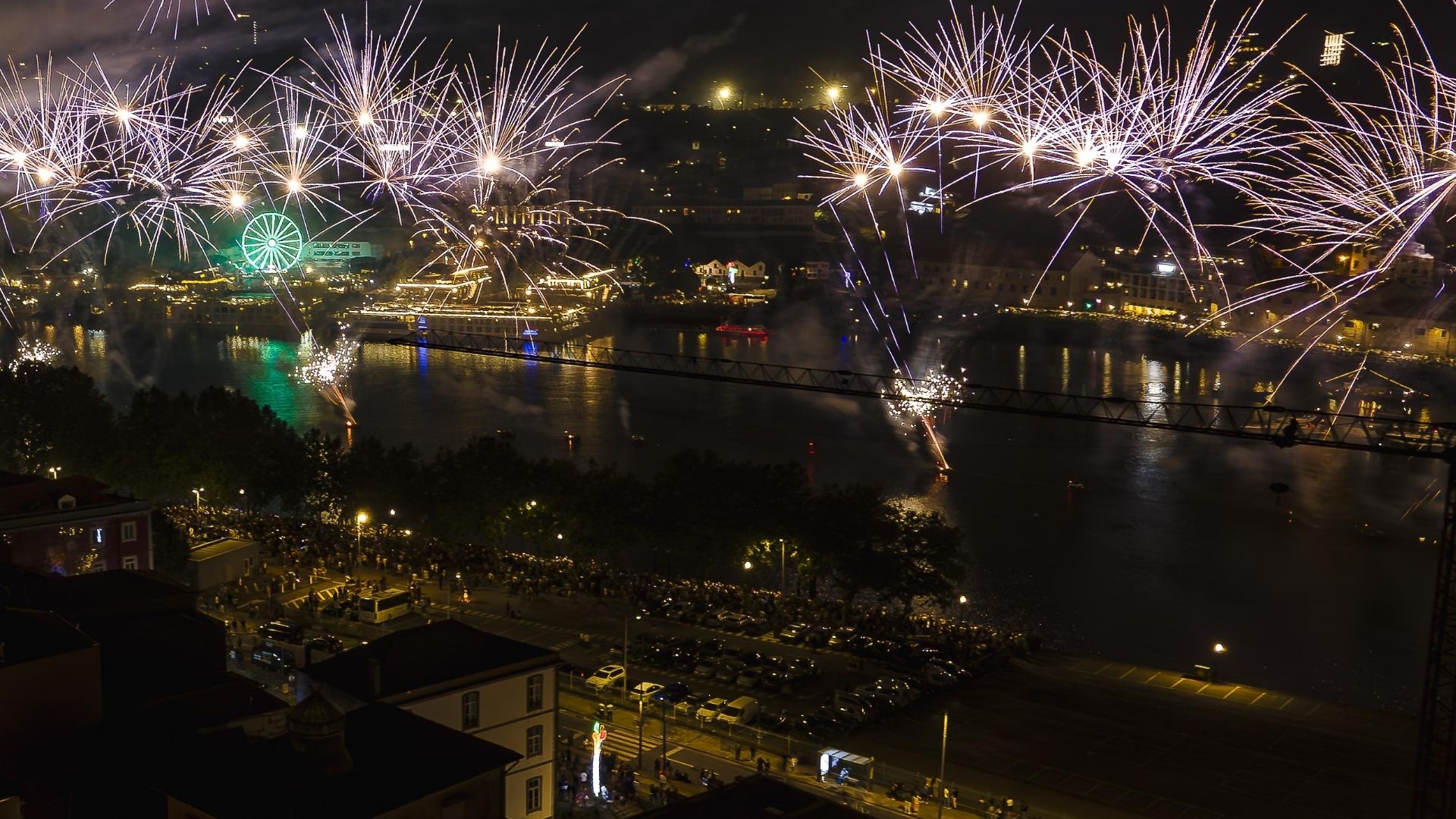 Night fireworks celebration during a festival in Porto, Portugal