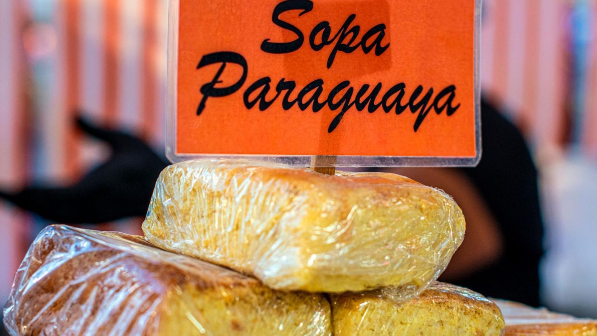 Traditional Paraguayan dish sopa paraguaya displayed at local food market