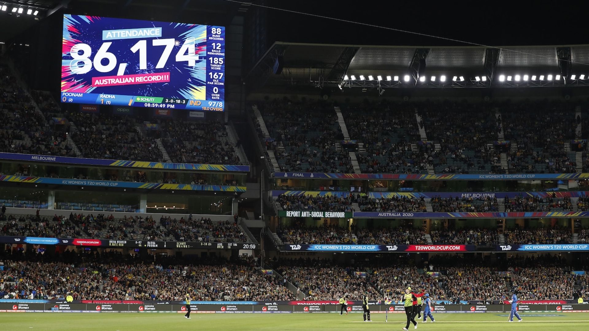 Women’s T20 cricket match in a packed stadium under floodlights with scoreboard visible