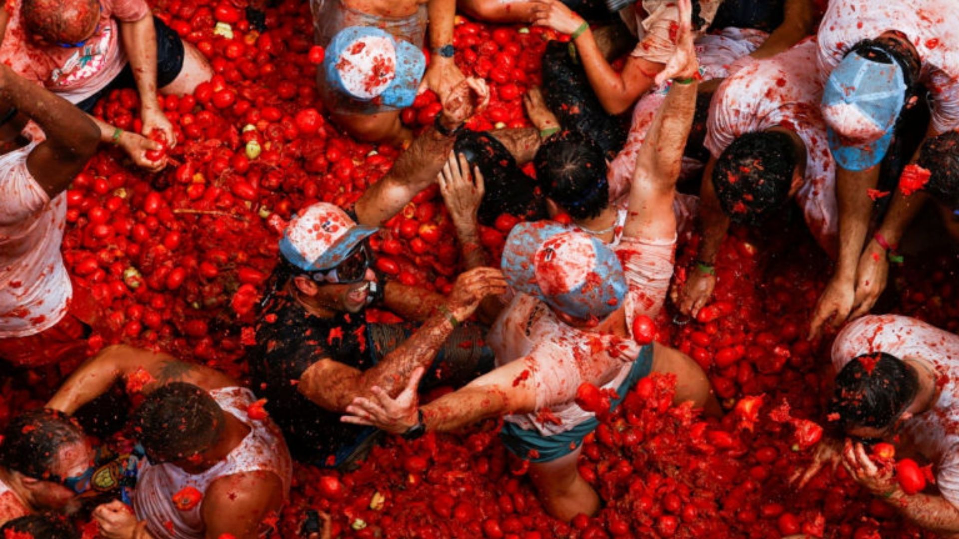 La Tomatina festival top view of participants covered in tomatoes in Buñol Spain