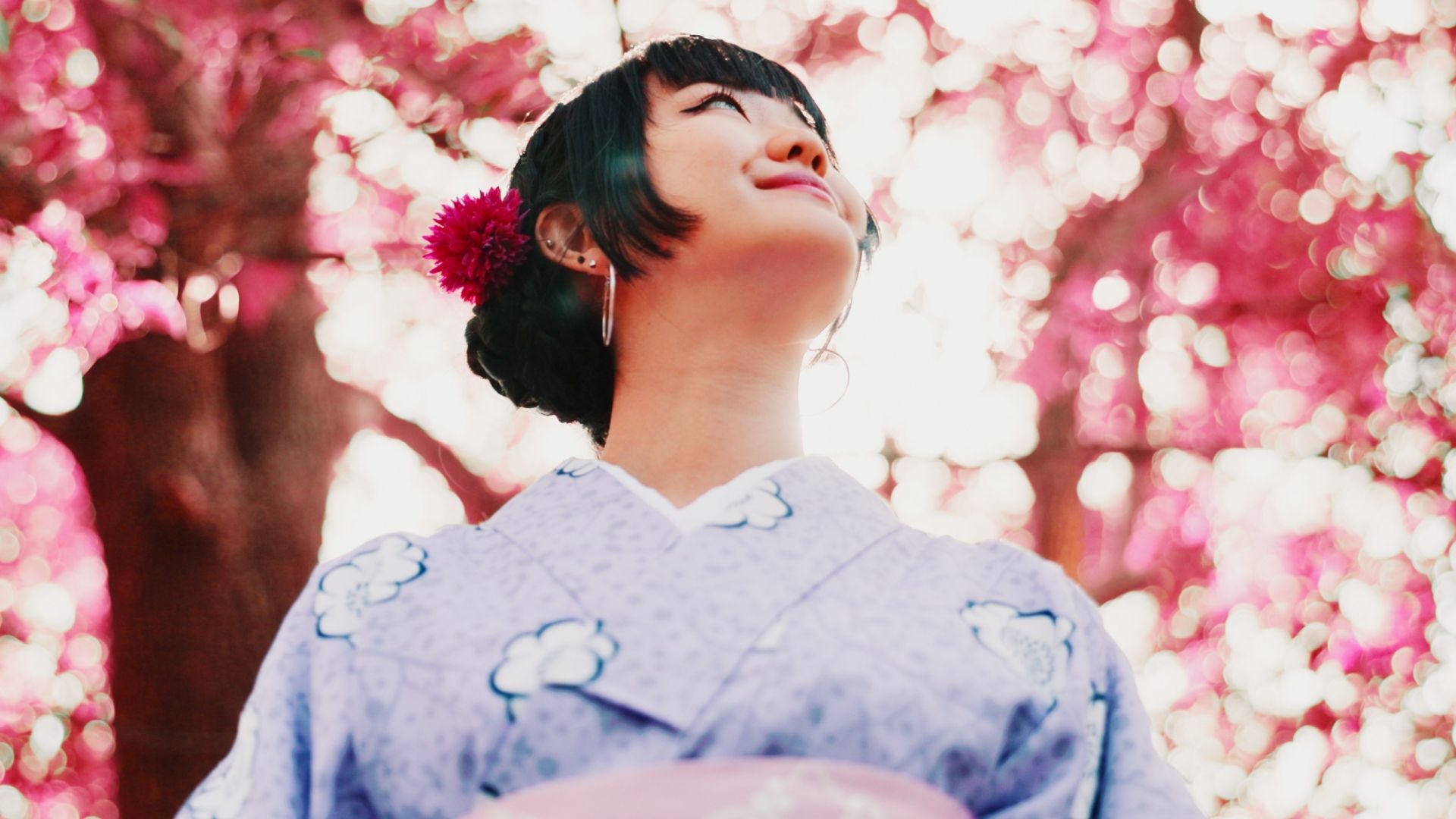 Sakura, park, and a woman with a going on a kimono, thinking of outdoor sightseeing in nature.