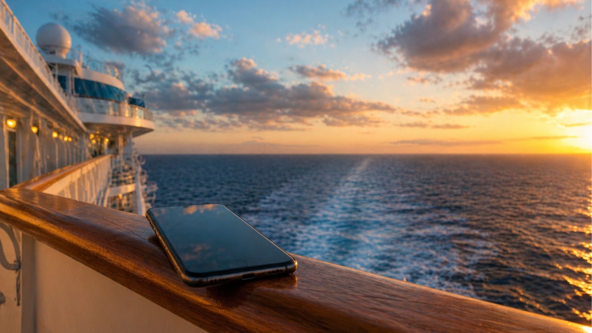 Cruise ship deck view with smartphone and sea horizon