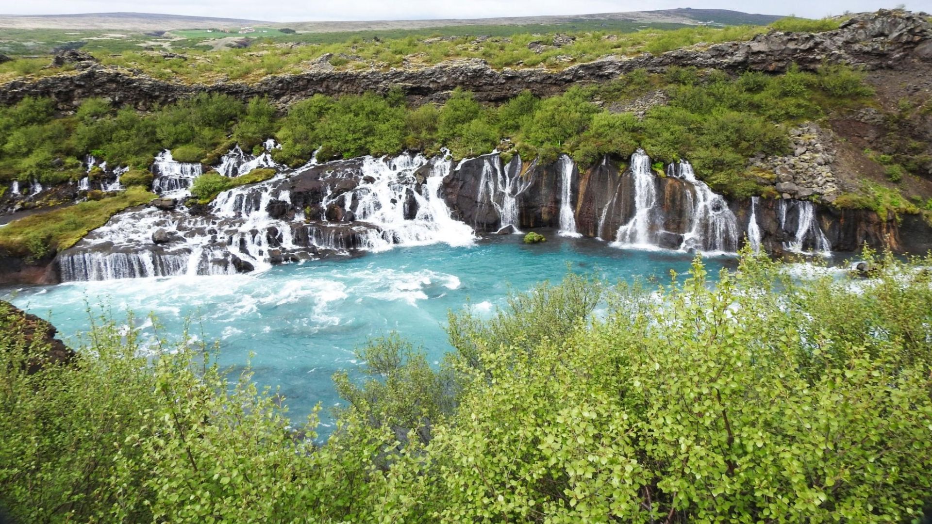 Scenic Iceland waterfall with turquoise water and lush green surroundings