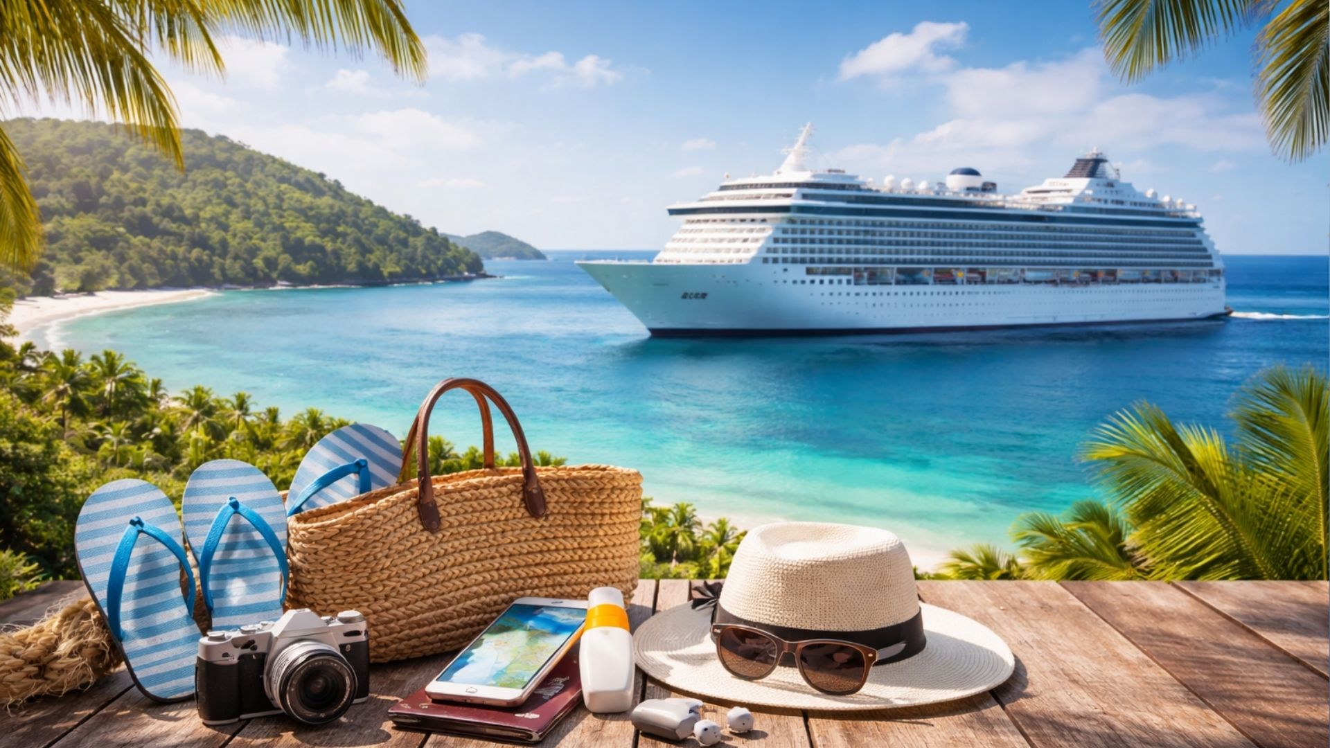 Cruise ship with travel essentials on deck overlooking ocean
