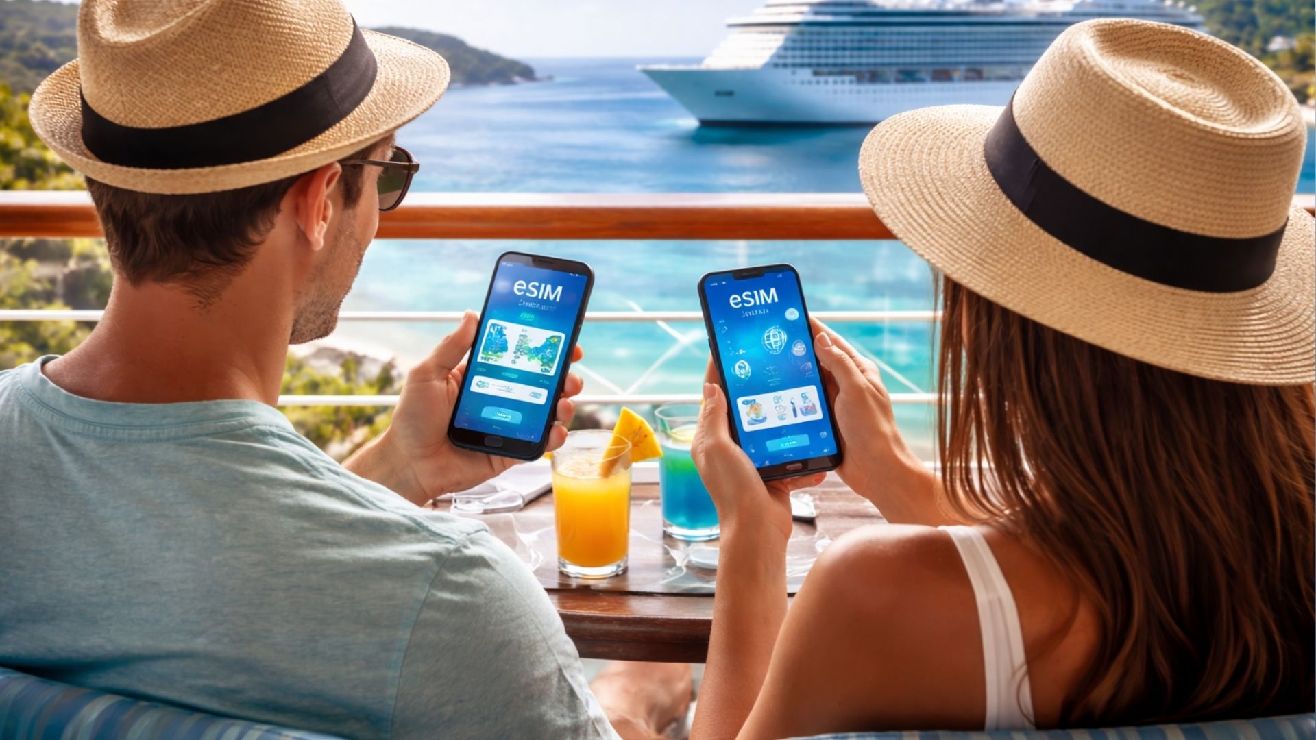 Travelers using eSIM on smartphones while relaxing on a cruise ship balcony with ocean view