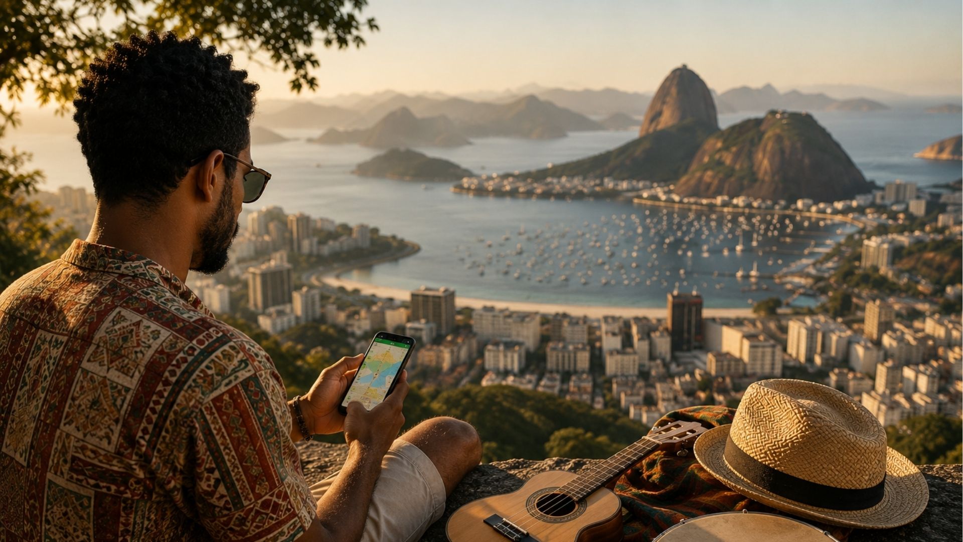 Traveler using a phone overlooking Rio de Janeiro