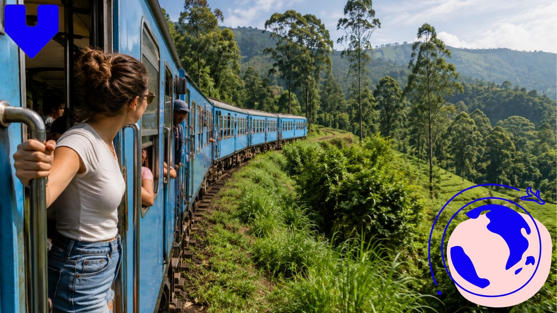 Passengers viewing the countryside from an open train door on the Kandy to Ella train 2026 line
