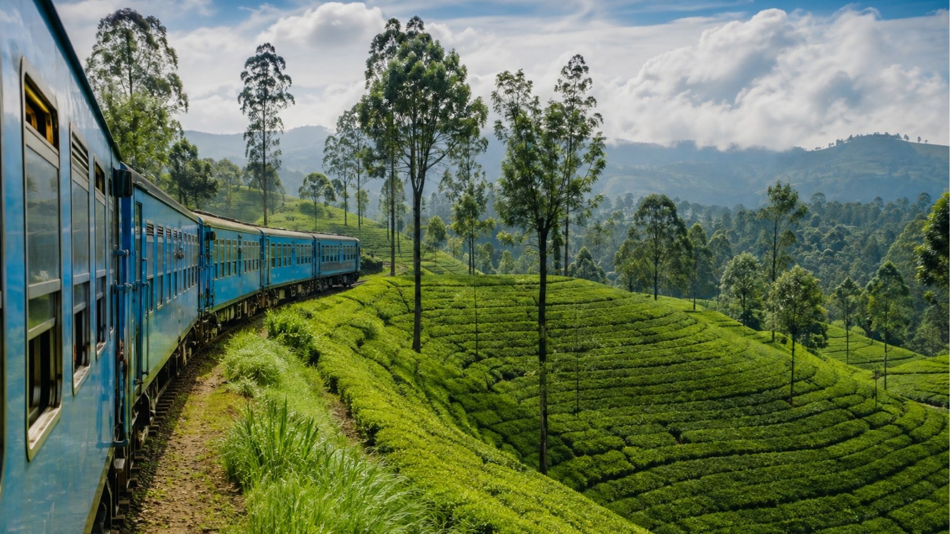 Blue train traveling through green tea plantations on the Kandy to Ella train 2026 route