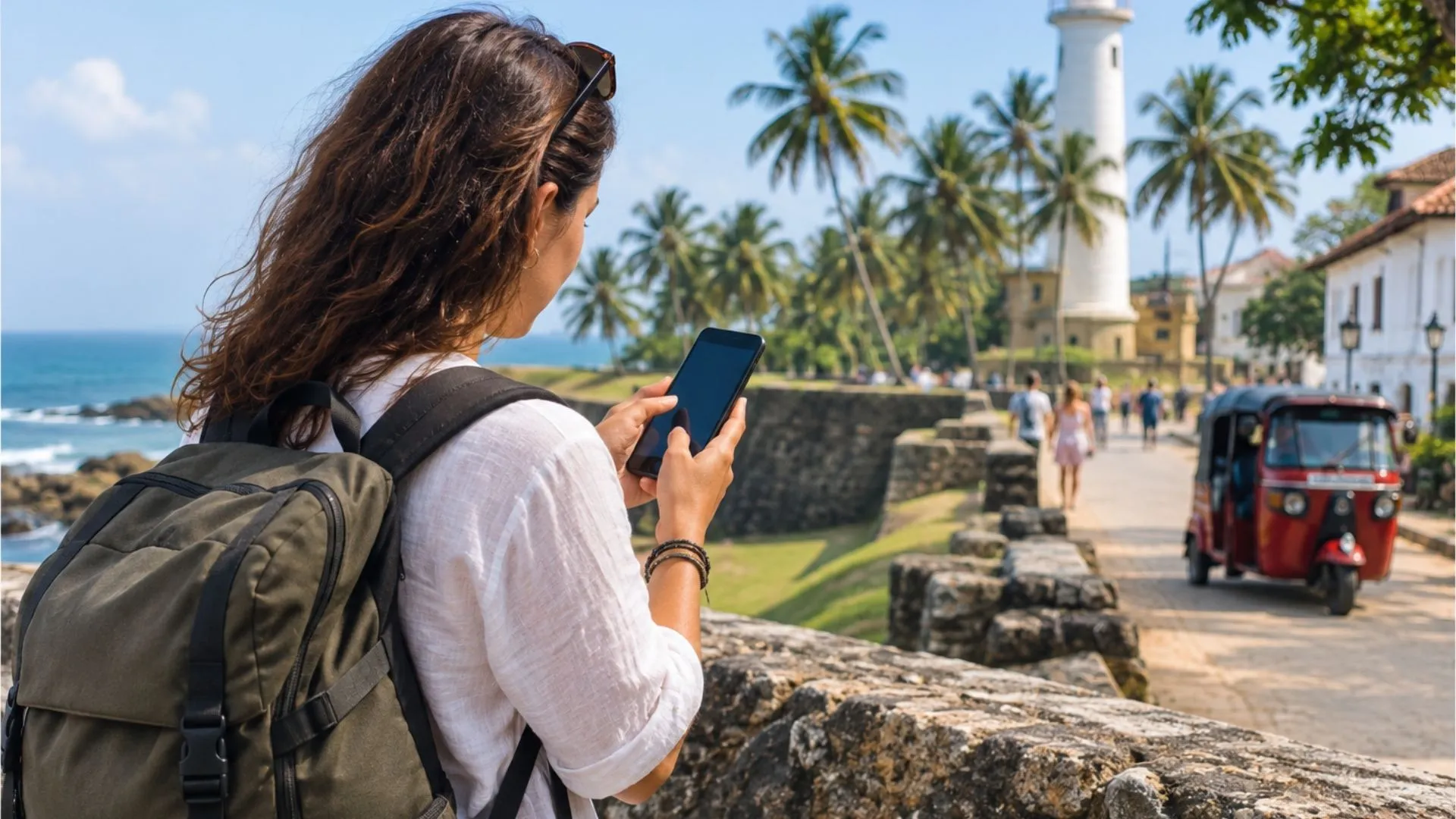 Traveler using phone to call emergency contacts in Sri Lanka