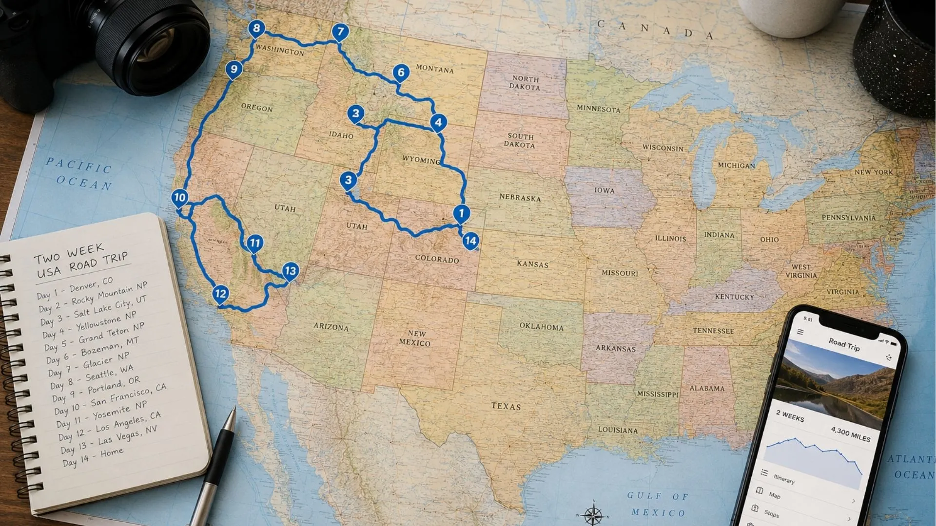 map of a two week usa road trip esim route across multiple states