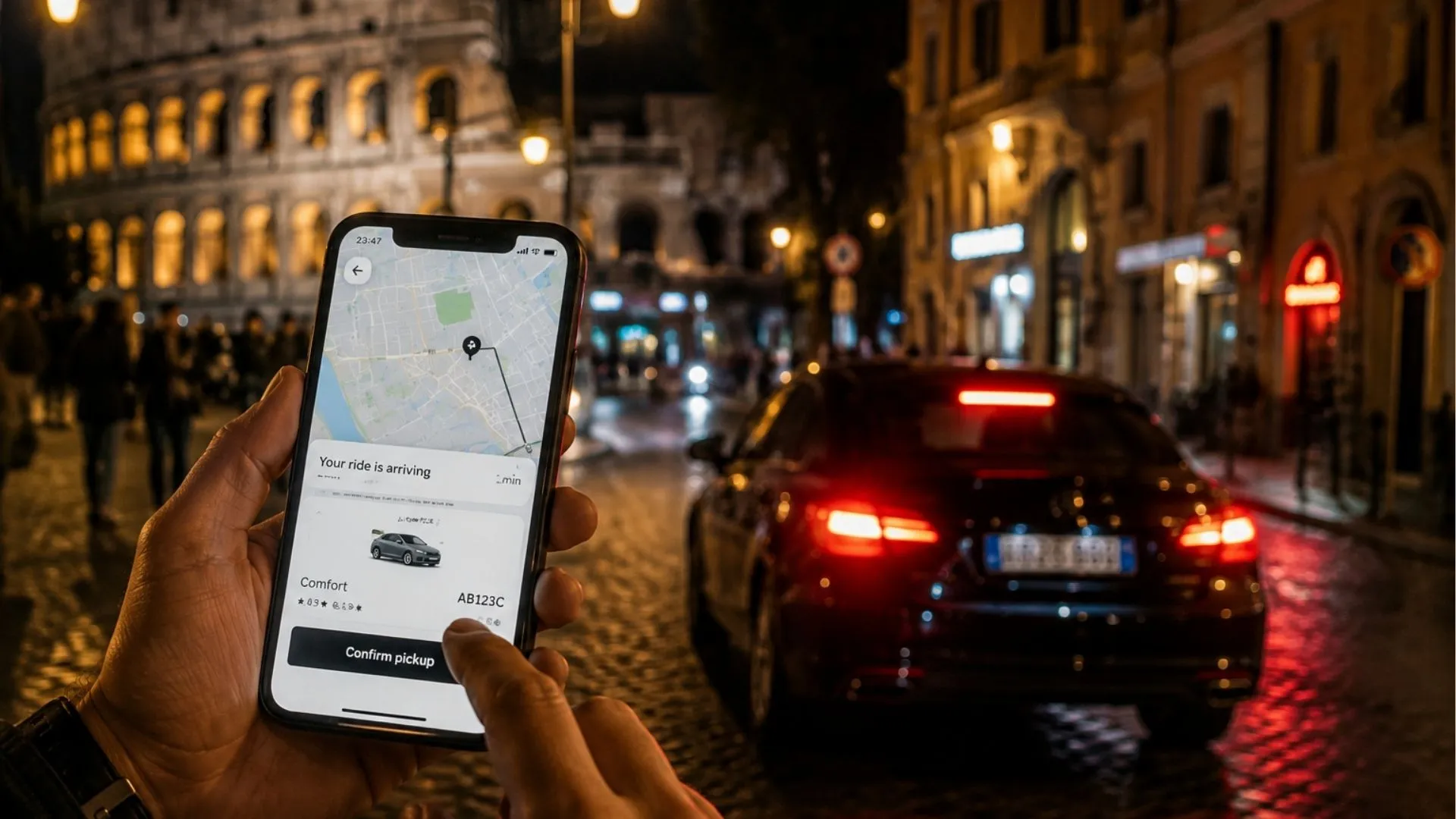 Person using a rideshare app at night on a Rome street