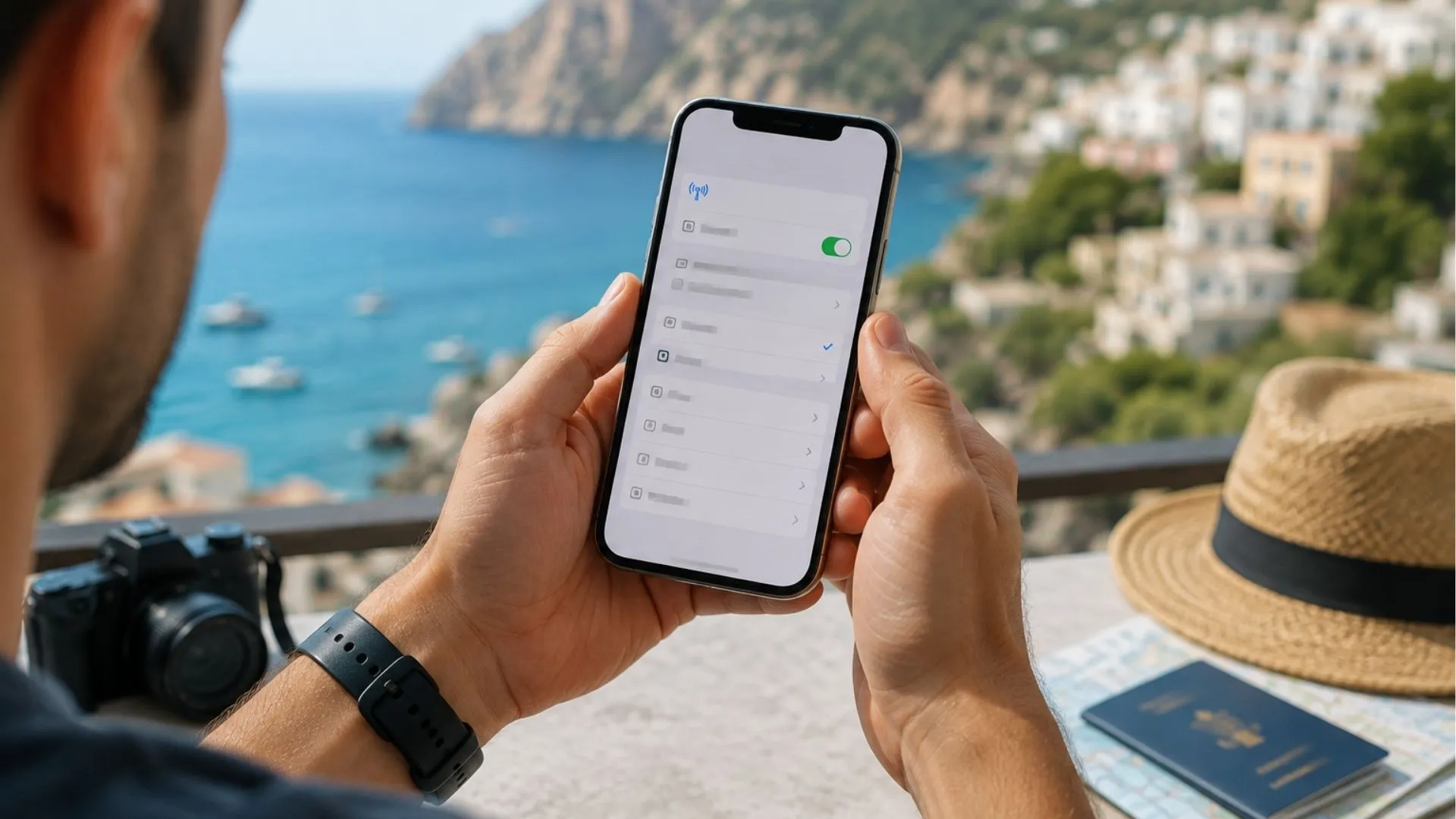 traveler checking eSIM settings on phone instead of physical SIM card